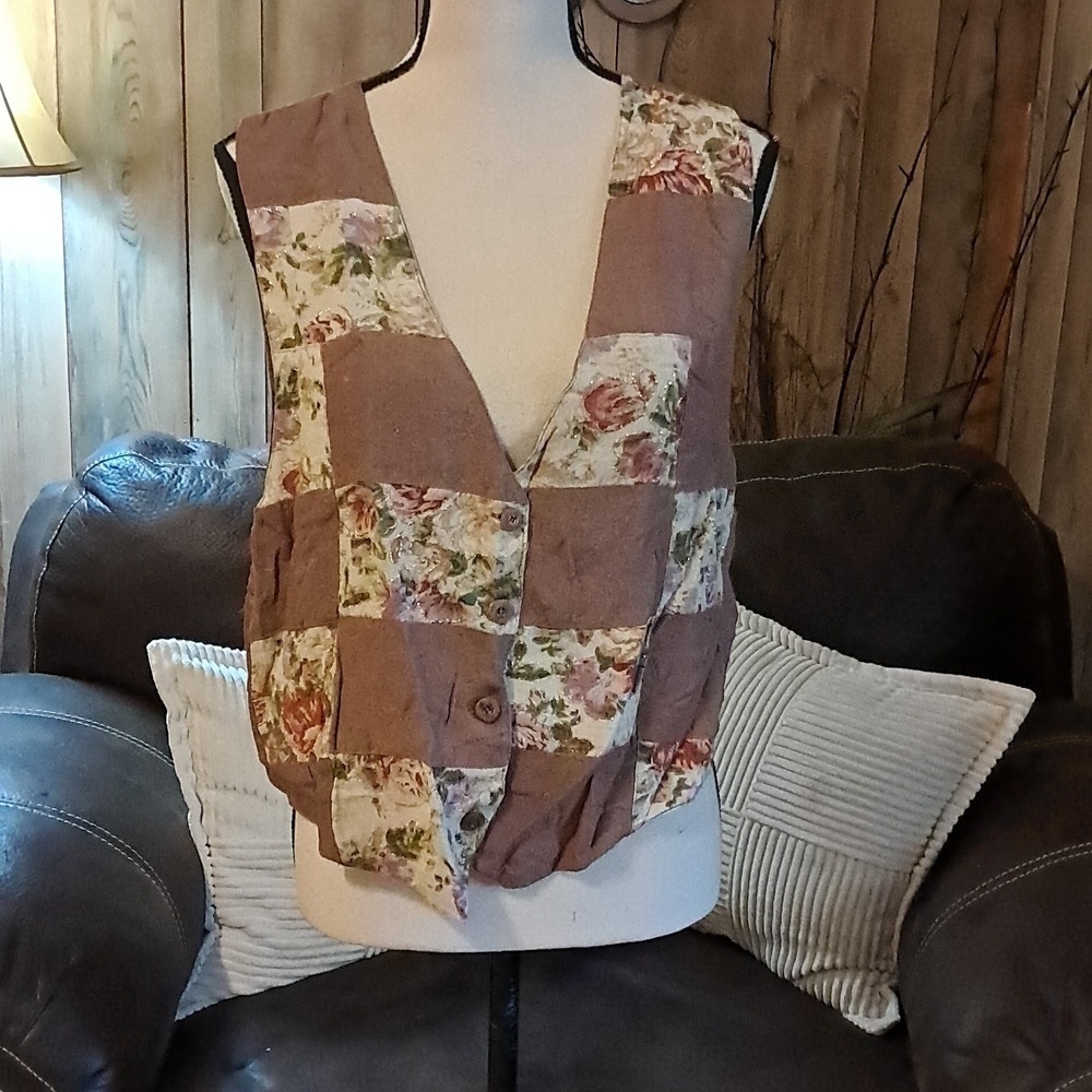 Women Boho Floral Patchwork Linen Vest Linen Blend Size M 90's Vintage Pink